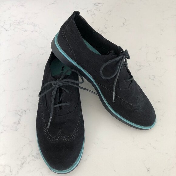 Nautica Casual Lace Up Faux Suede Oxford Style Shoes Black w Blue Trim Sz 10 - Picture 1 of 9
